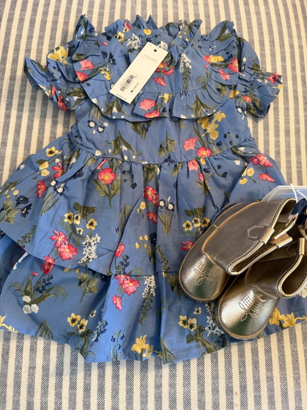 Janie & Jack Blue Floral Ruffle Tiered Girl Dress with soft gold cowboy boots